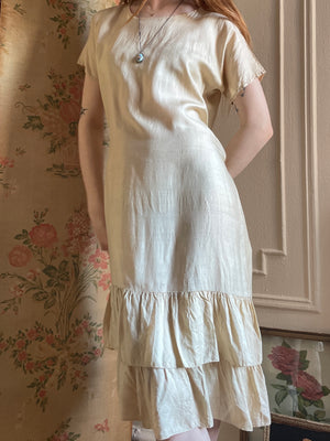 1920s Cream Silk Ruffle Dress Tie Back Light Beige