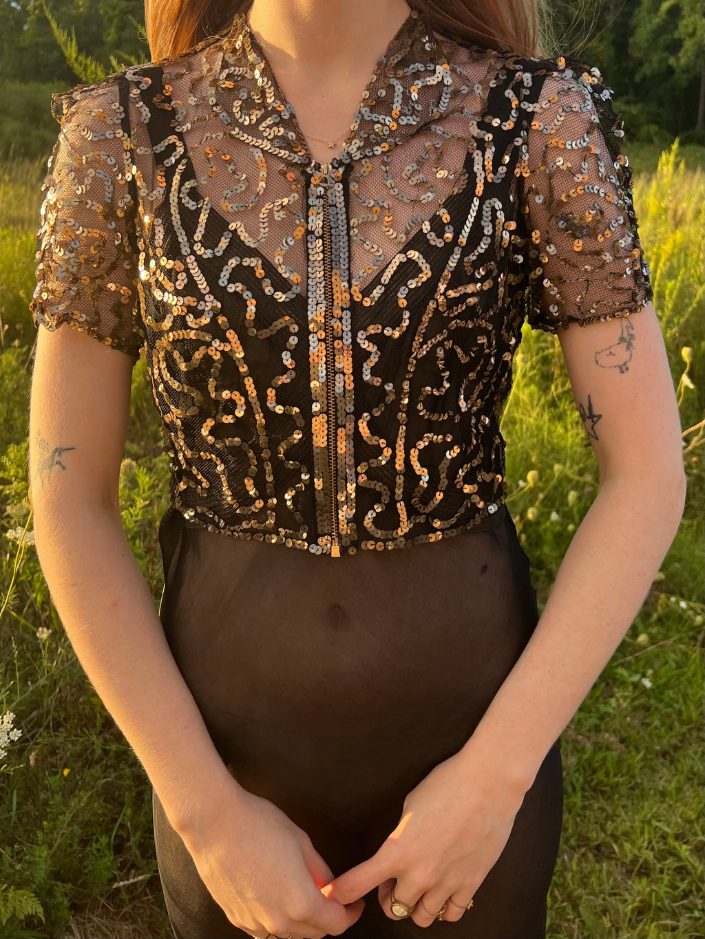 1930s Gold Sequin Black Mesh Zip Up Blouse Bolero Collared Short Sleeve