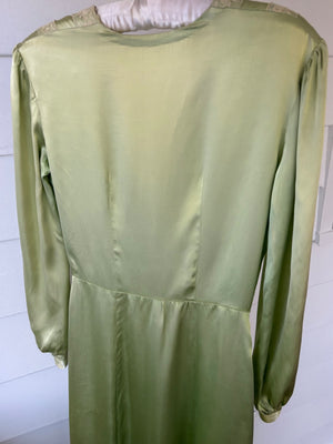 1940s Green Rayon Satin Lace Robe Peignoir