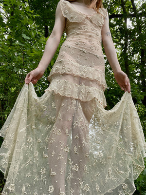 1930s Cream Tambour Lace Embroidered Net Gown Tiered Dress