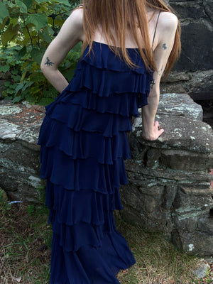 1980s Navy Blue Silk Chiffon Ruffle Cascade Dress Long Gown