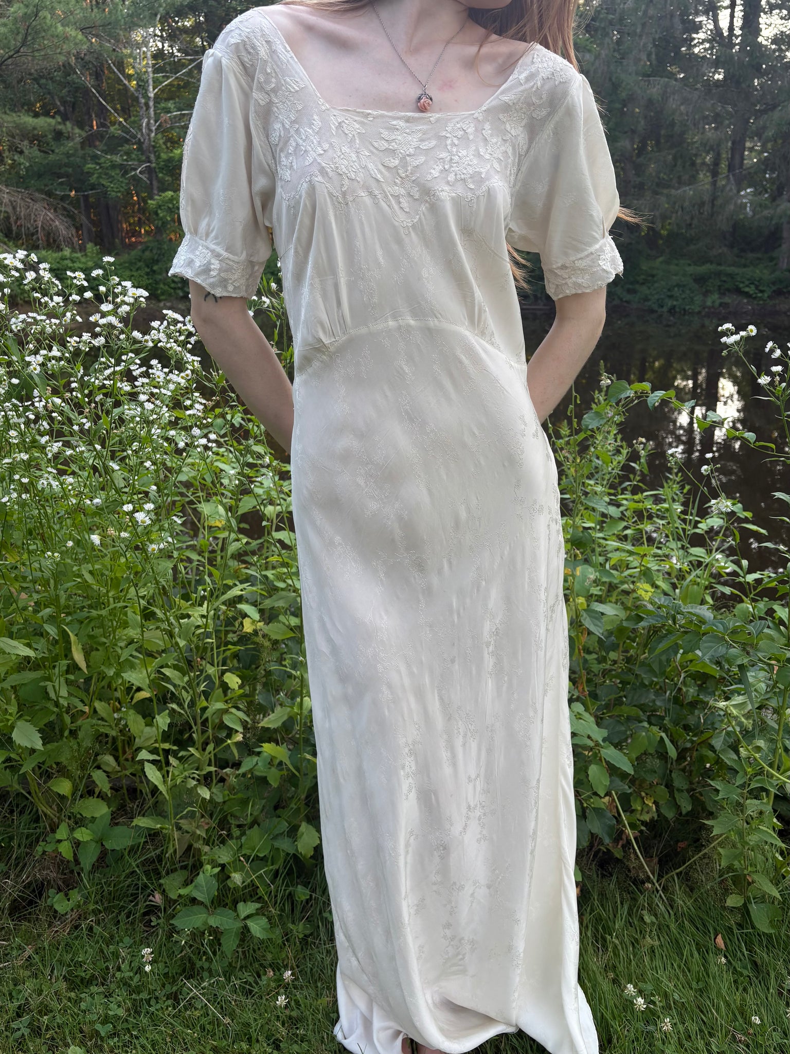 1940s Silk Brocade White Bias Cut Slip Dress Net Mesh Appliqué Lace Wedding Gown Open Sleeves