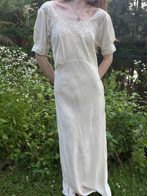 1940s Silk Brocade White Bias Cut Slip Dress Net Mesh Appliqué Lace Wedding Gown Open Sleeves