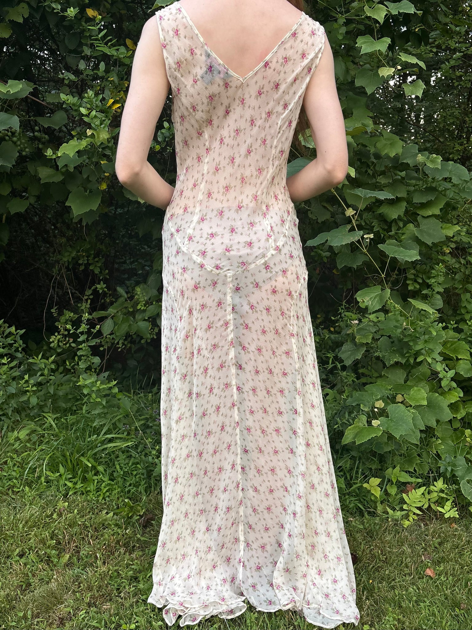 1990s Silk Chiffon Floral Cream Cowl Neck Bias Cut Slip Dress