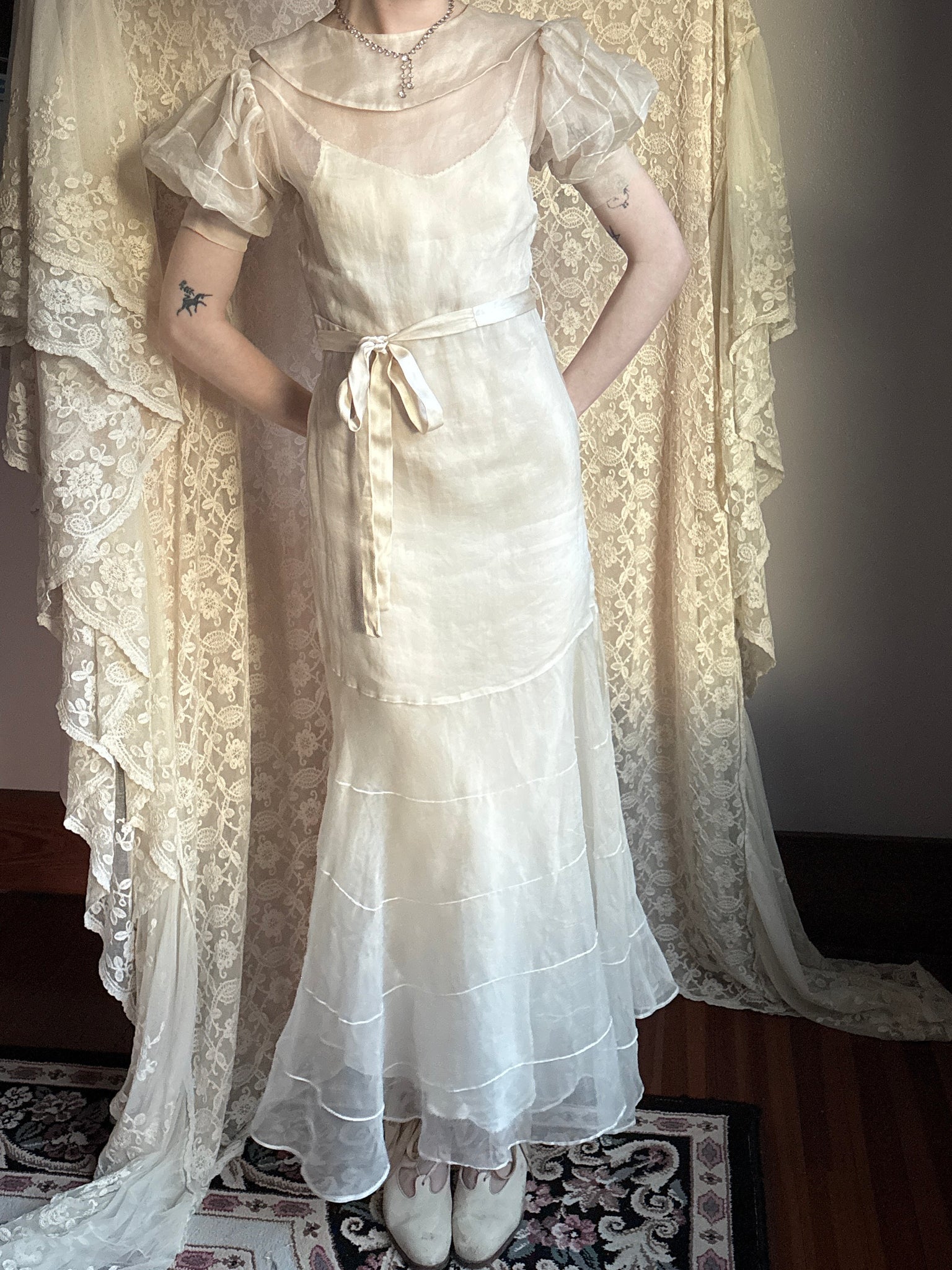 1930s Orgnaza Rose Floral Bow Print Sheer Puff Sleeve Bias Cut Dress Wedding Gown