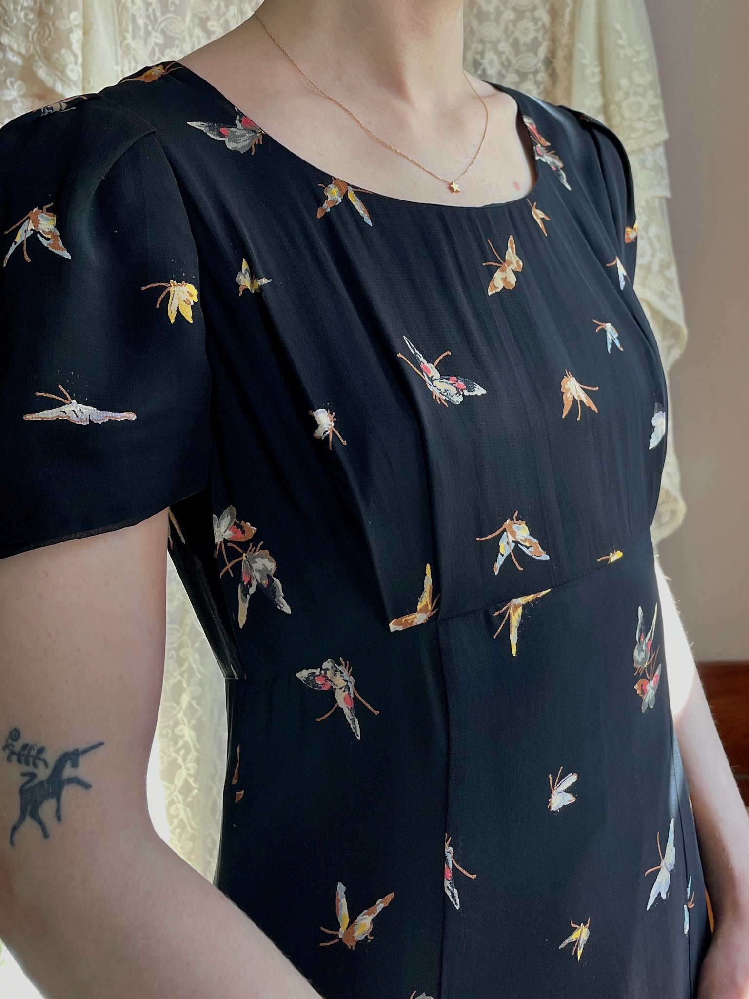 betsey johnson black butterfly dress Vintage Betsey Johnson New York Y2K 90s Black Silk Butterfly Midi Dress Size 6