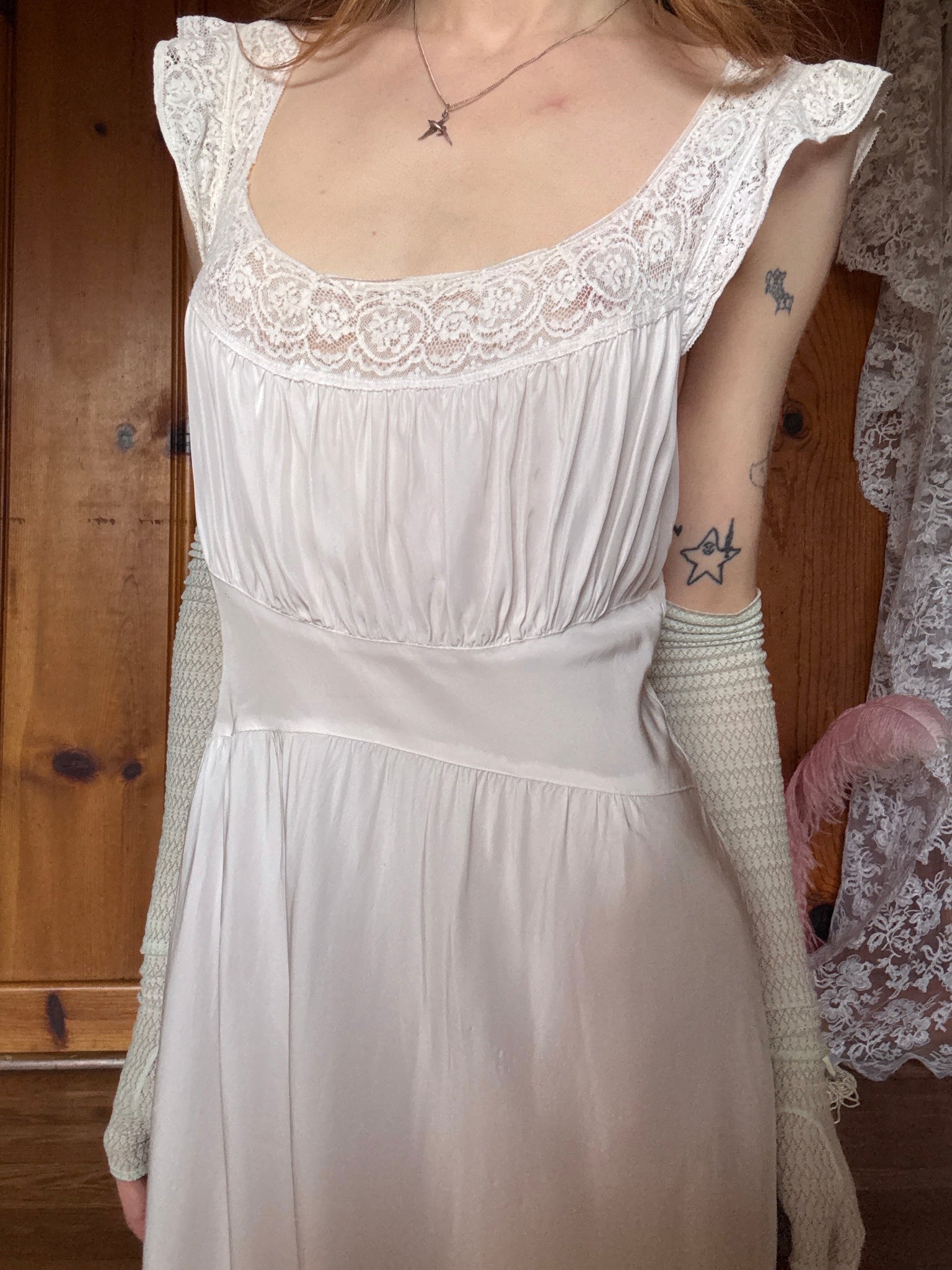 1940s Pale Pink White Lace Bias Cut Slip Dress