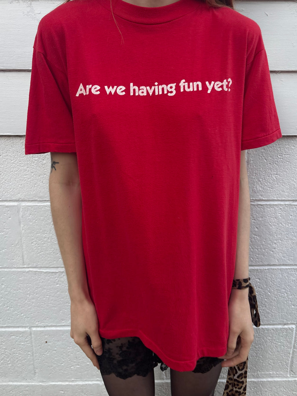 1980s Red Tee T Shirt Short Sleeve Are We Having Fun Yet?