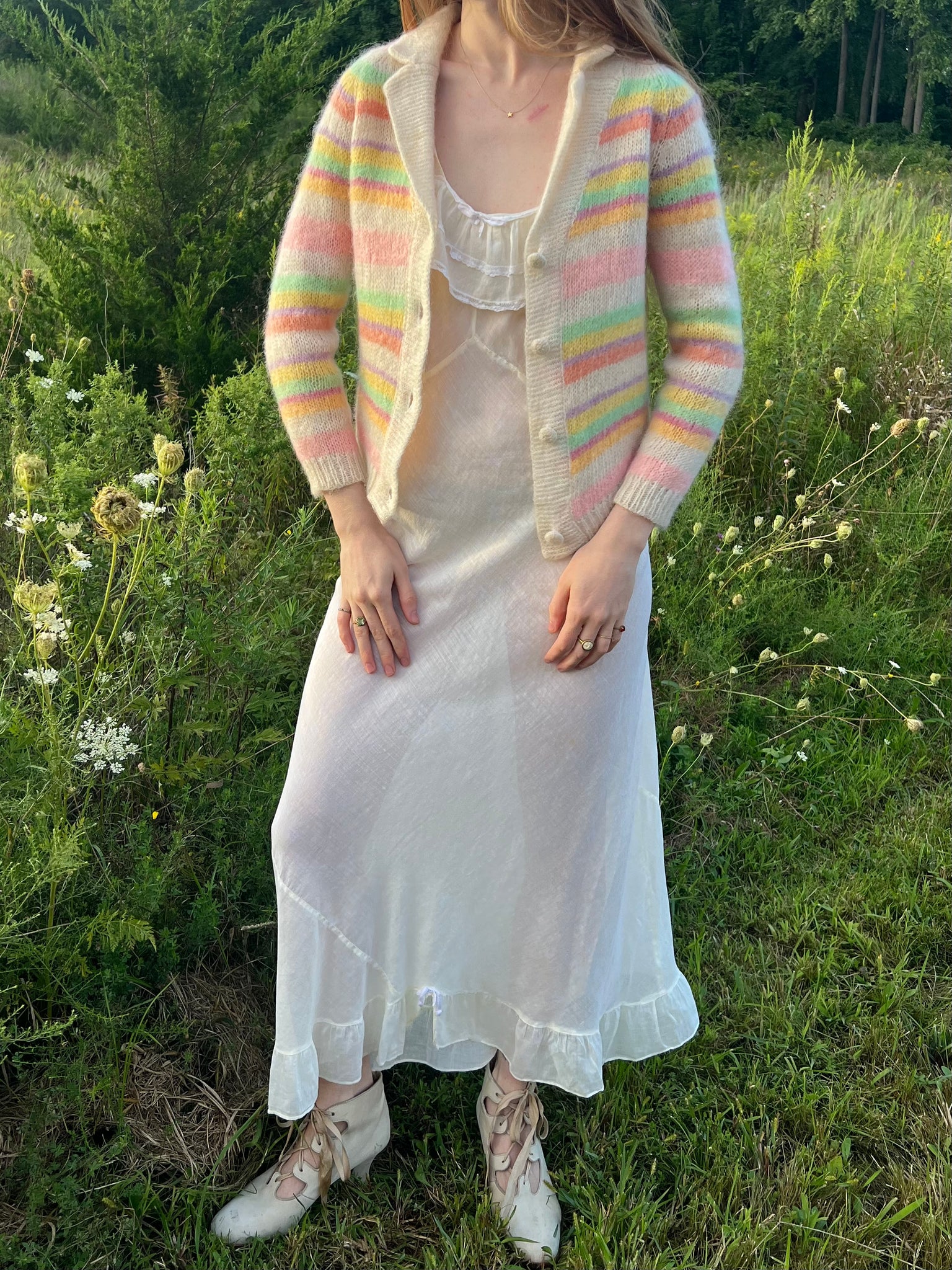 1960s Rainbow Pink Green Mohair Wool Knit Cardigan Sweater