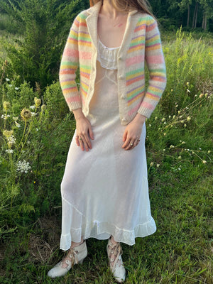 1960s Rainbow Pink Green Mohair Wool Knit Cardigan Sweater