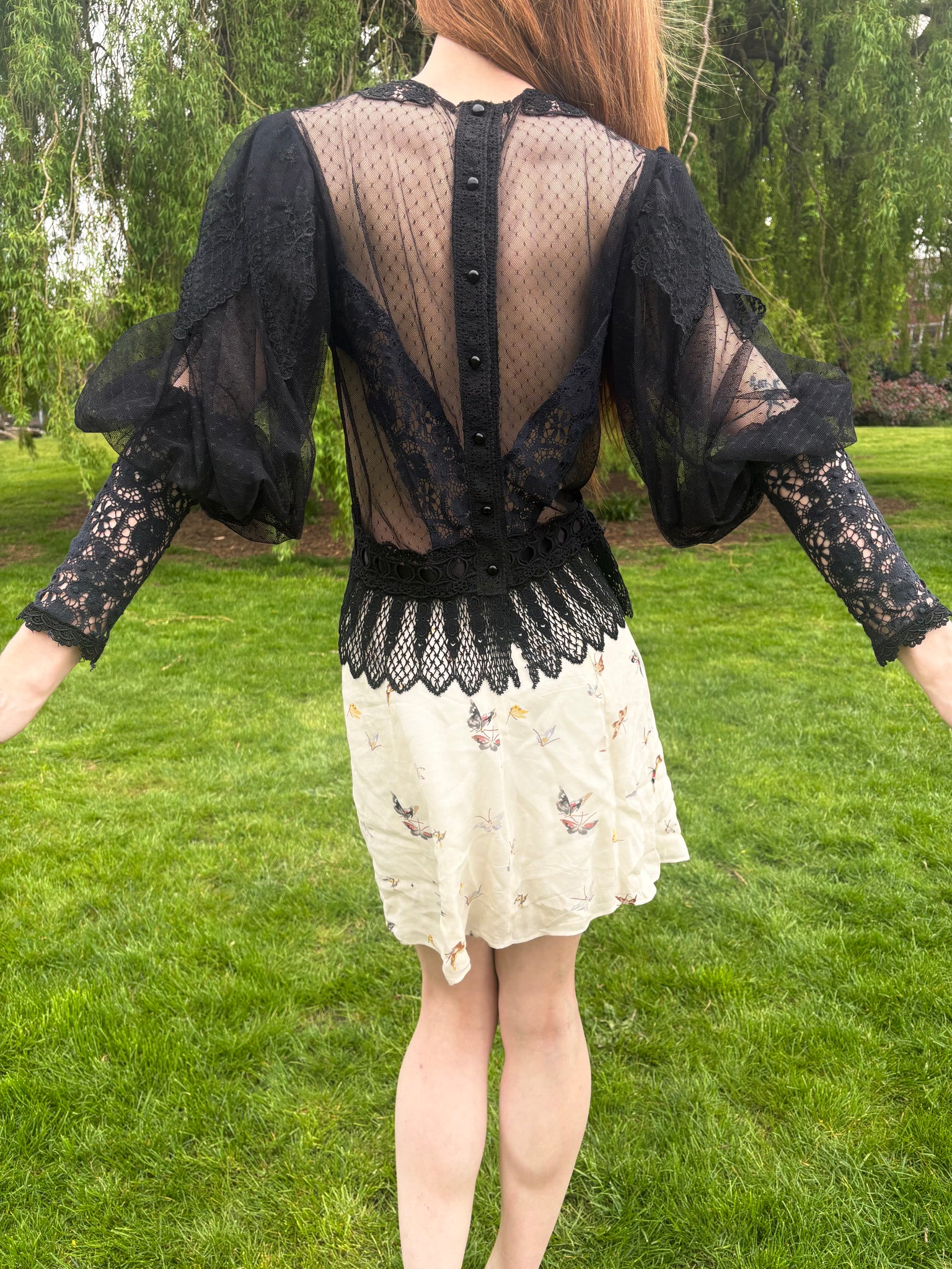 1970s Victorian Style Black Floral Mesh Net Lace Long Balloon Sleeve Blouse