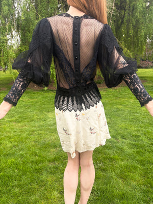 1970s Victorian Style Black Floral Mesh Net Lace Long Balloon Sleeve Blouse