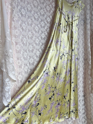 1990s Betsey Johnson Floral Print Bias Cut Dress Gown Light Green Lilac Purple Satin