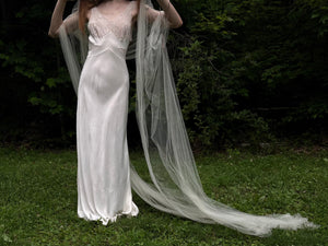 1940s Rayon White Lace Bodice Bias Cut Slip Dress Lace