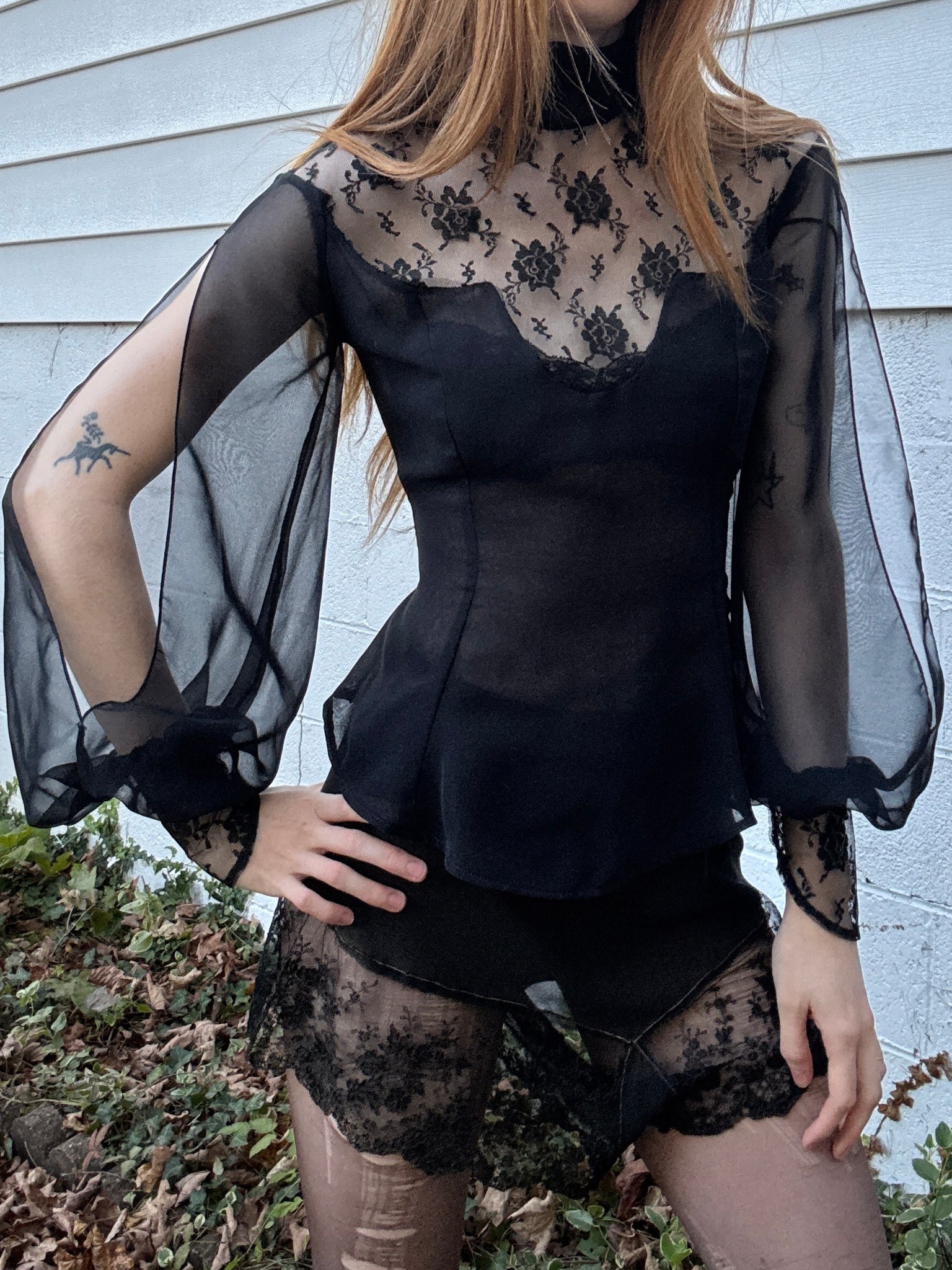 1970s Victorian Style Black Floral Mesh Sheer Lace Long Balloon Sleeve Blouse