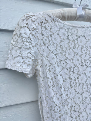 1950s White Cotton Floral Lace Fitted Short Sleeve Dress Bridal Wedding