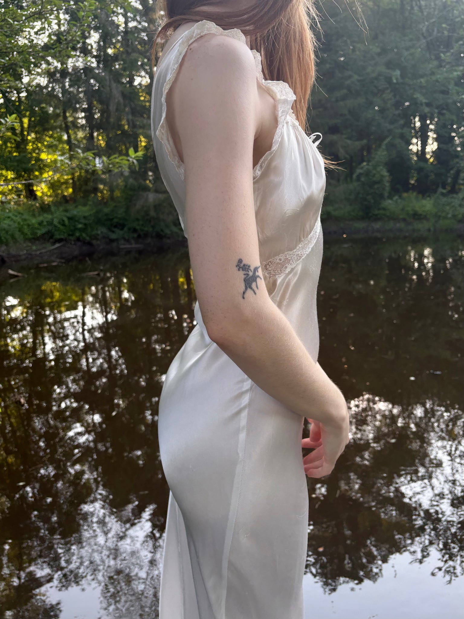 1940s Rayon Satin White Bias Cut Slip Dress Lace Wedding Gown