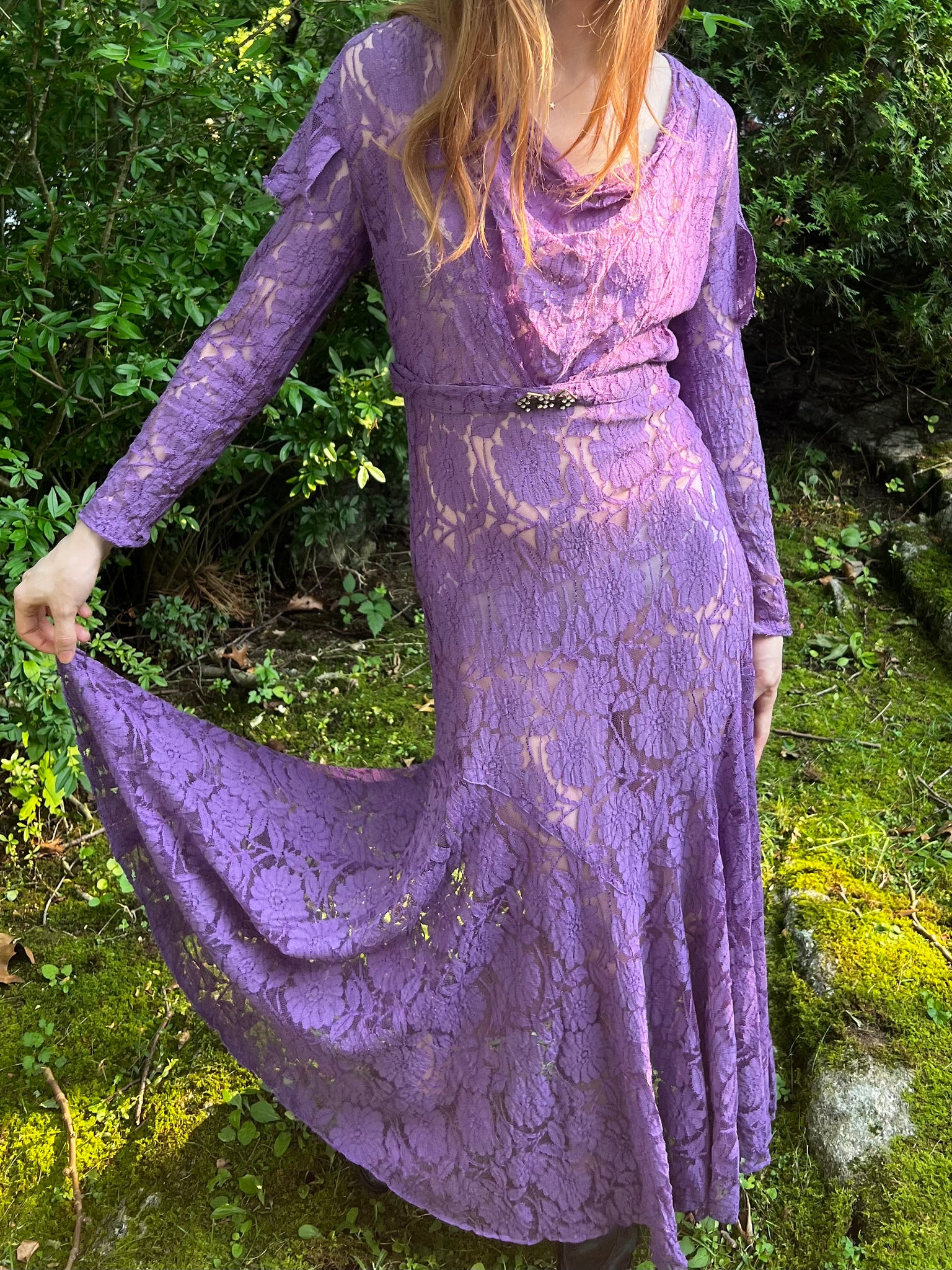 1930s Purple Floral Lace Dress Gown Crystal Belt Breath Of the Earth 1930s Purple Floral Lace Dress Gown Crystal Belt Breath Of the Earth