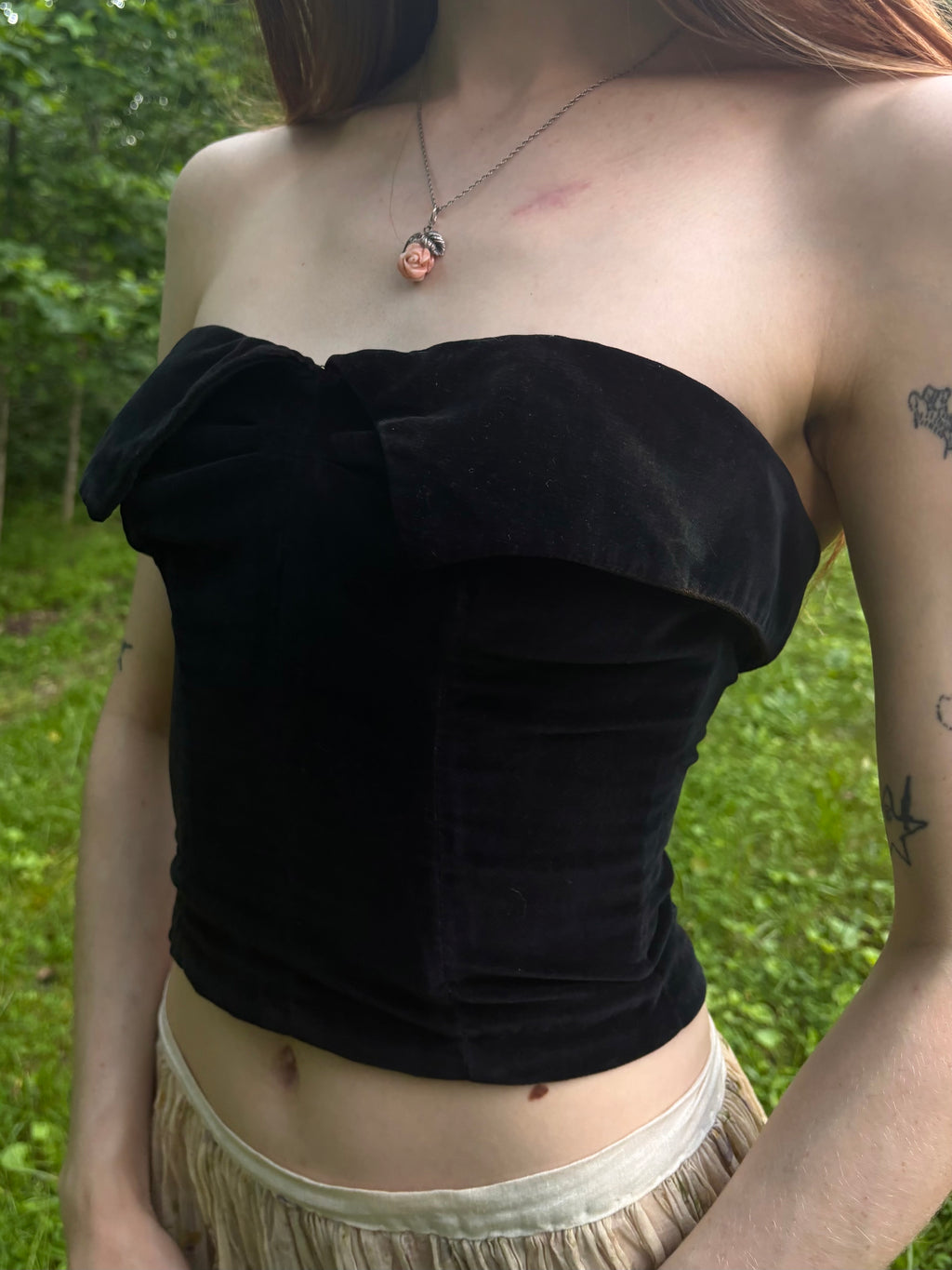 1950s Black Velvet Boned Bodice Bustier Zip Up Back Strapless
