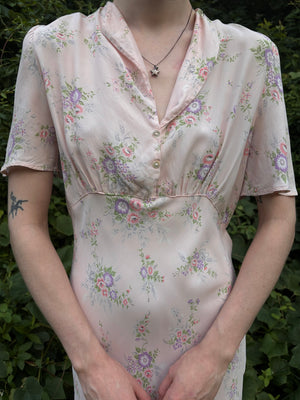 1940s Pink Rose Print Floral Bias Cut Slip Rayon Dress Short Sleeve Button