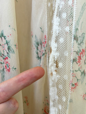 1930s Silk Chiffon Floral Print Cream Lace Bias Cut Slip Dress