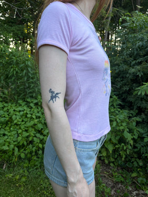 1980s Unicorn Pink Tee T Shirt Short Sleeve French Cut Airbrush
