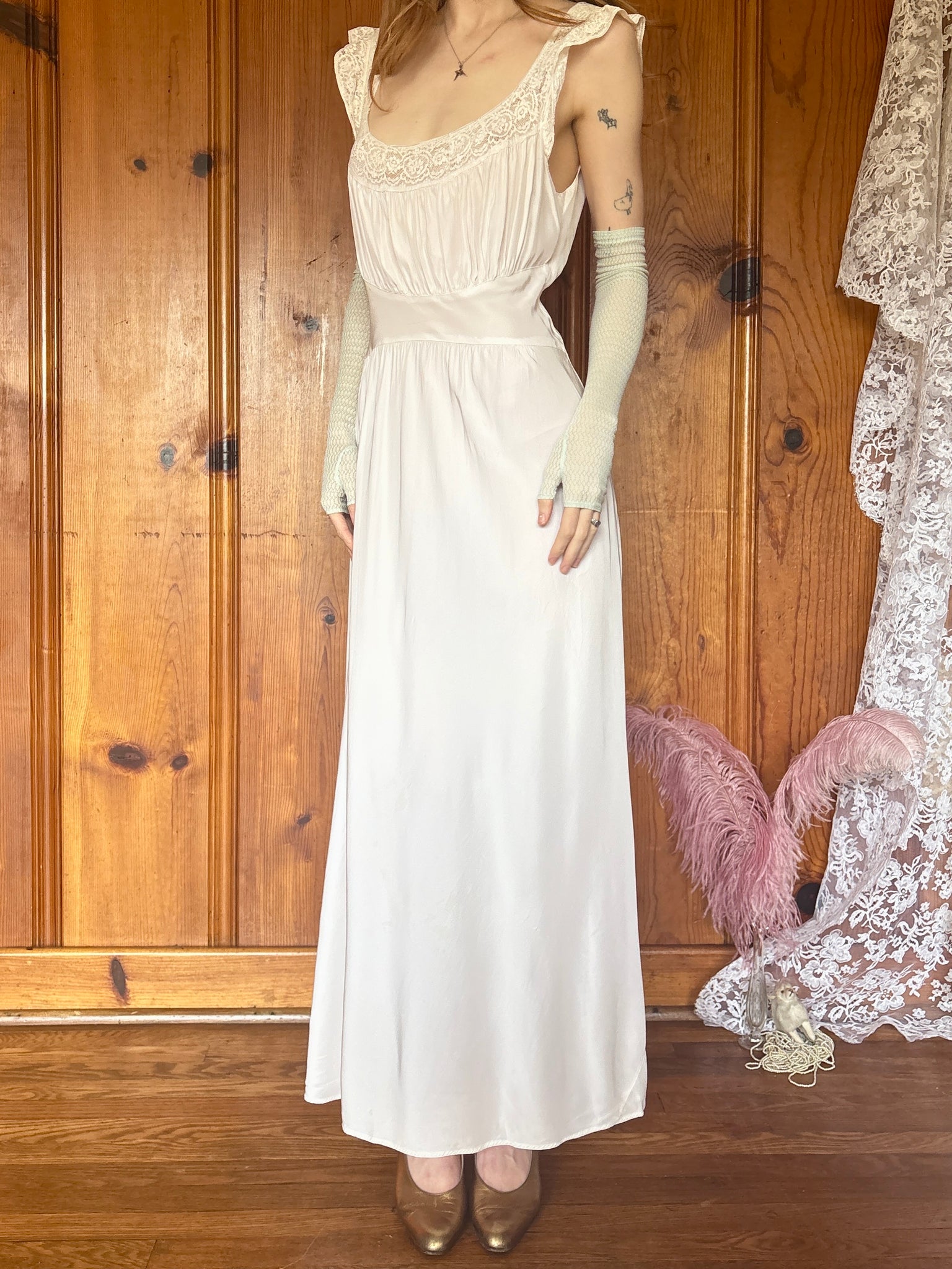 1940s Pale Pink White Lace Bias Cut Slip Dress