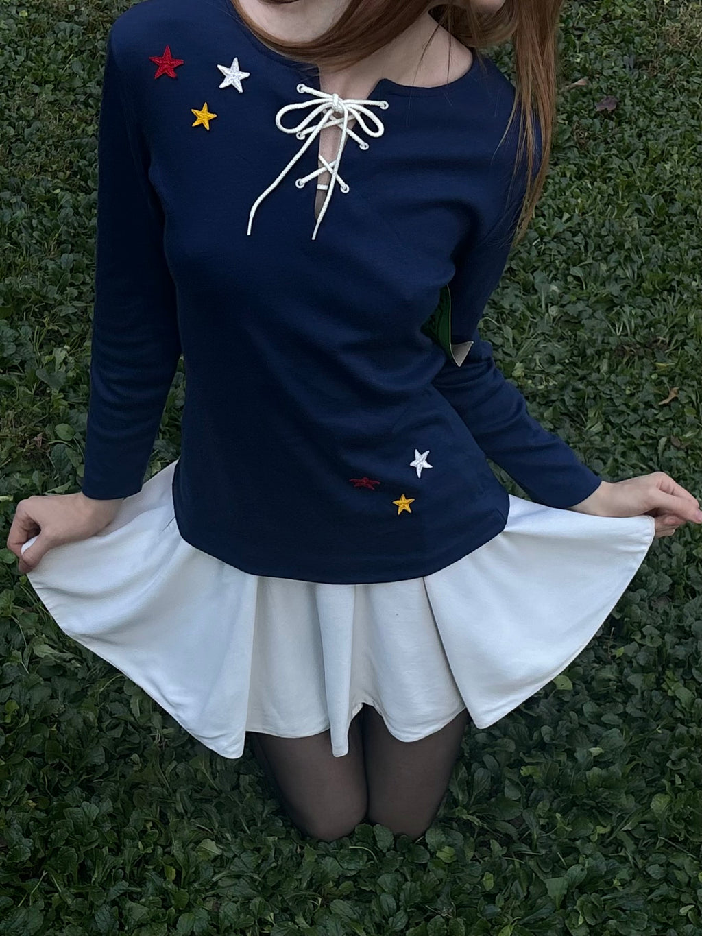 1970s Star Appliqué Navy Blue Lace Up Tee T Shirt Long Sleeve Deadstock