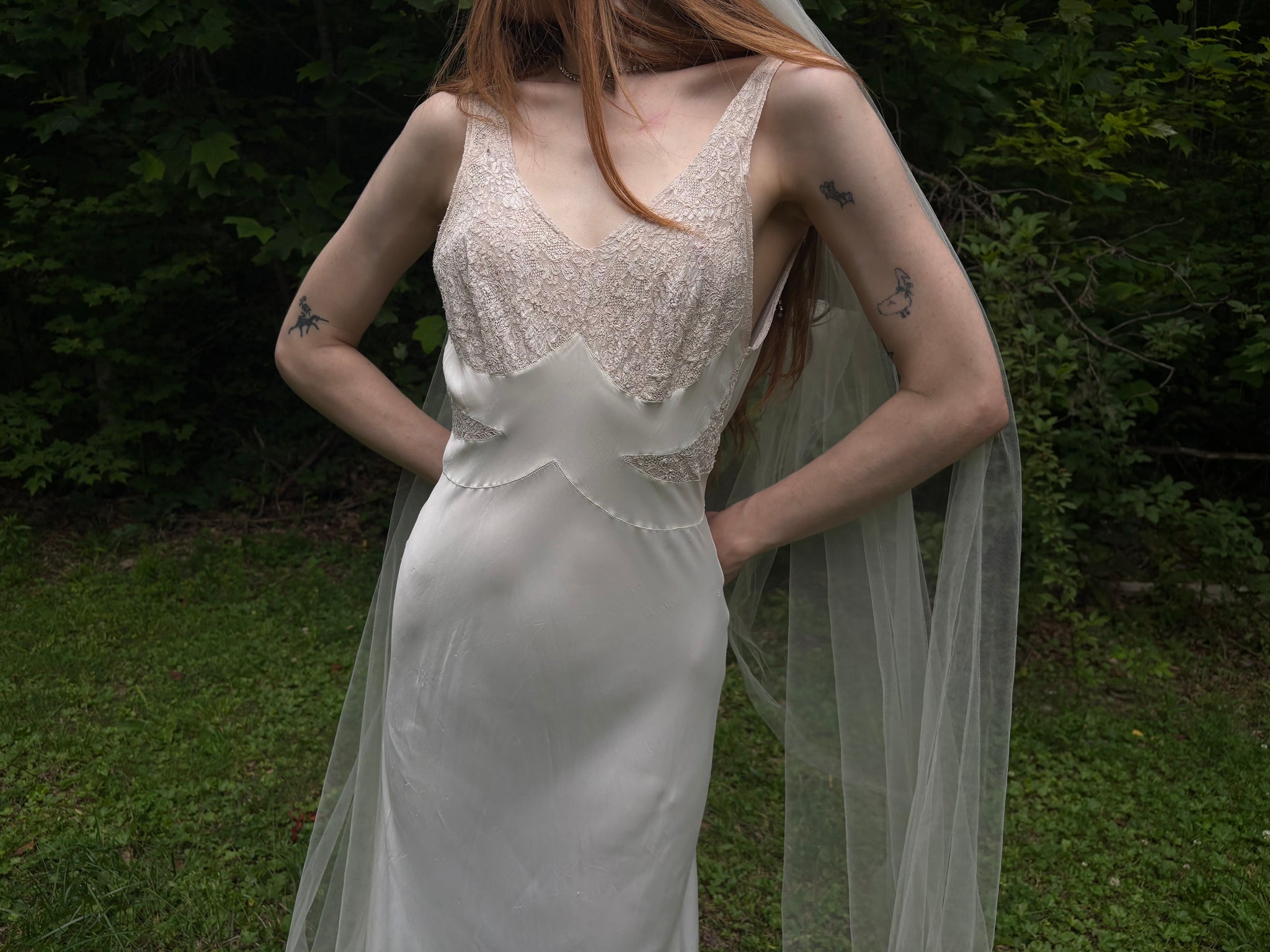1940s Rayon White Lace Bodice Bias Cut Slip Dress Lace