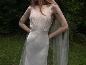 1940s Rayon White Lace Bodice Bias Cut Slip Dress Lace