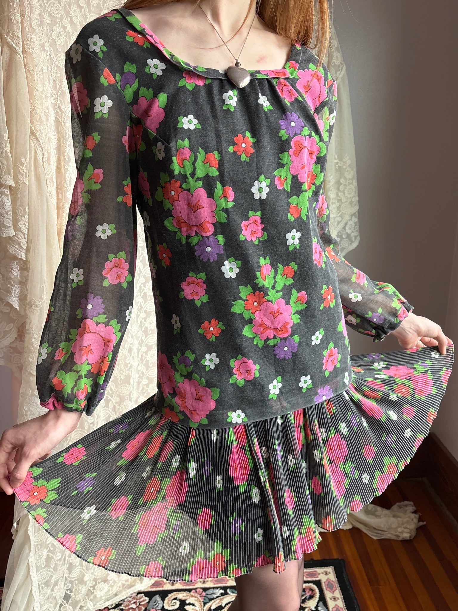 1970s Black Floral Cotton Gauze Long Sleeve Mini Dress Breath Of the Earth 1970s Black Floral Cotton Gauze Long Sleeve Mini Dress Breath Of the Earth