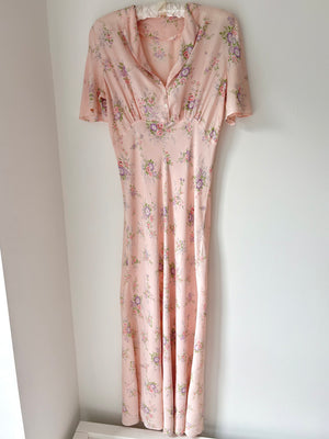 1940s Pink Rose Print Floral Bias Cut Slip Rayon Dress Short Sleeve Button