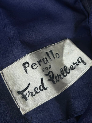1980s Navy Blue Silk Chiffon Ruffle Cascade Dress Long Gown