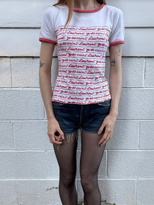 1980s Yves Saint Laurent Script Red White Ringer Tee T Shirt Short Sleeve