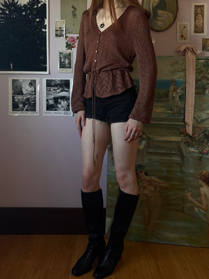 1970s Brown Knit Sweater Cardigan Floral Button Pointelle