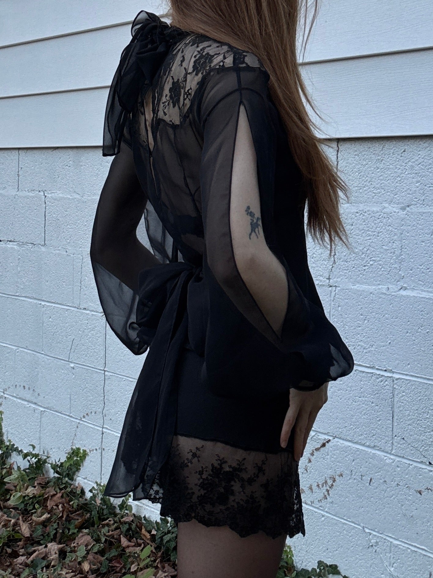1970s Victorian Style Black Floral Mesh Sheer Lace Long Balloon Sleeve Blouse