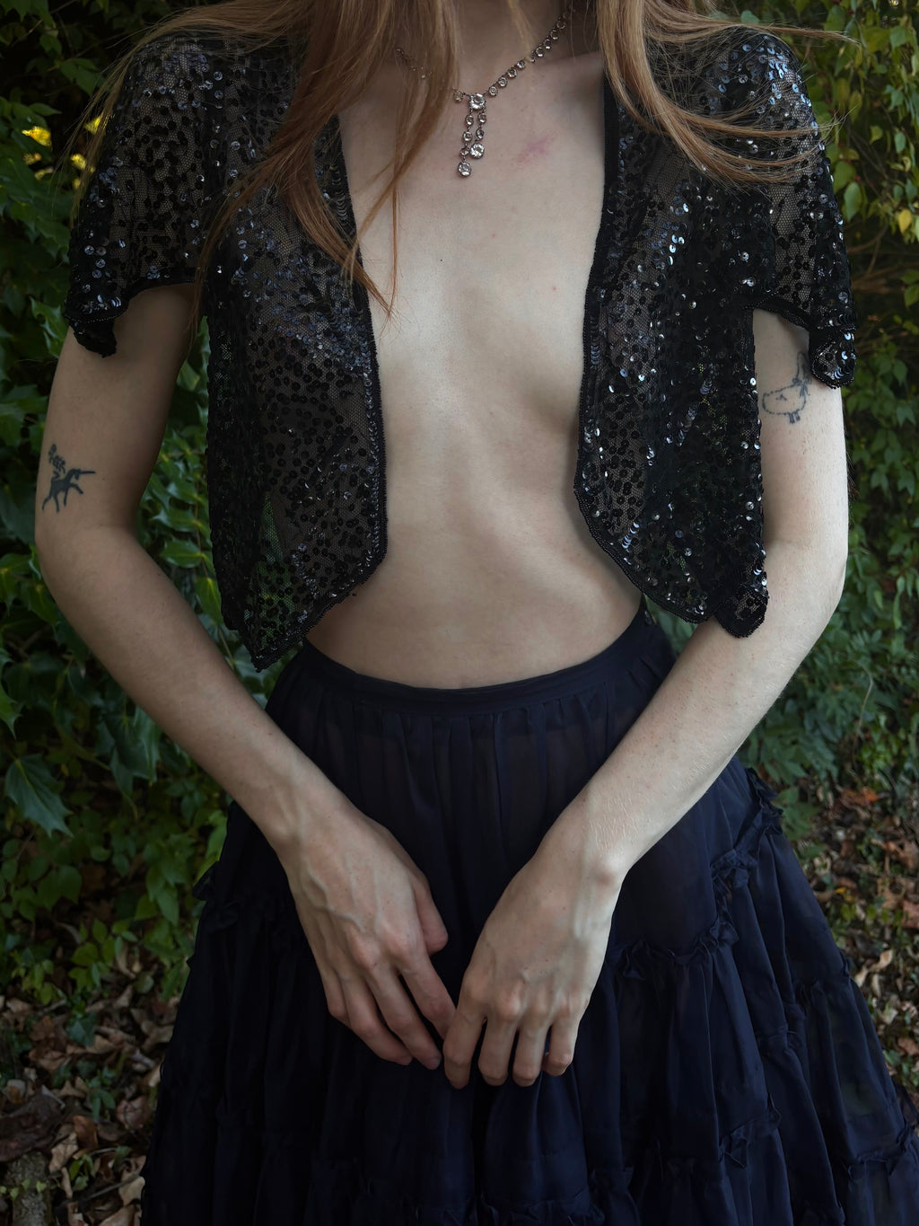 1930s Black Navy Sequin Sheer Mesh Blouse Bolero Short Sleeve