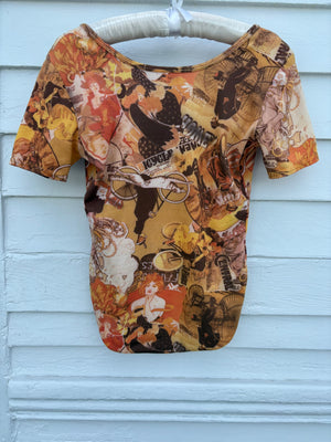 1970s Art Nouveau Woman Face Mucha Print Bodysuit