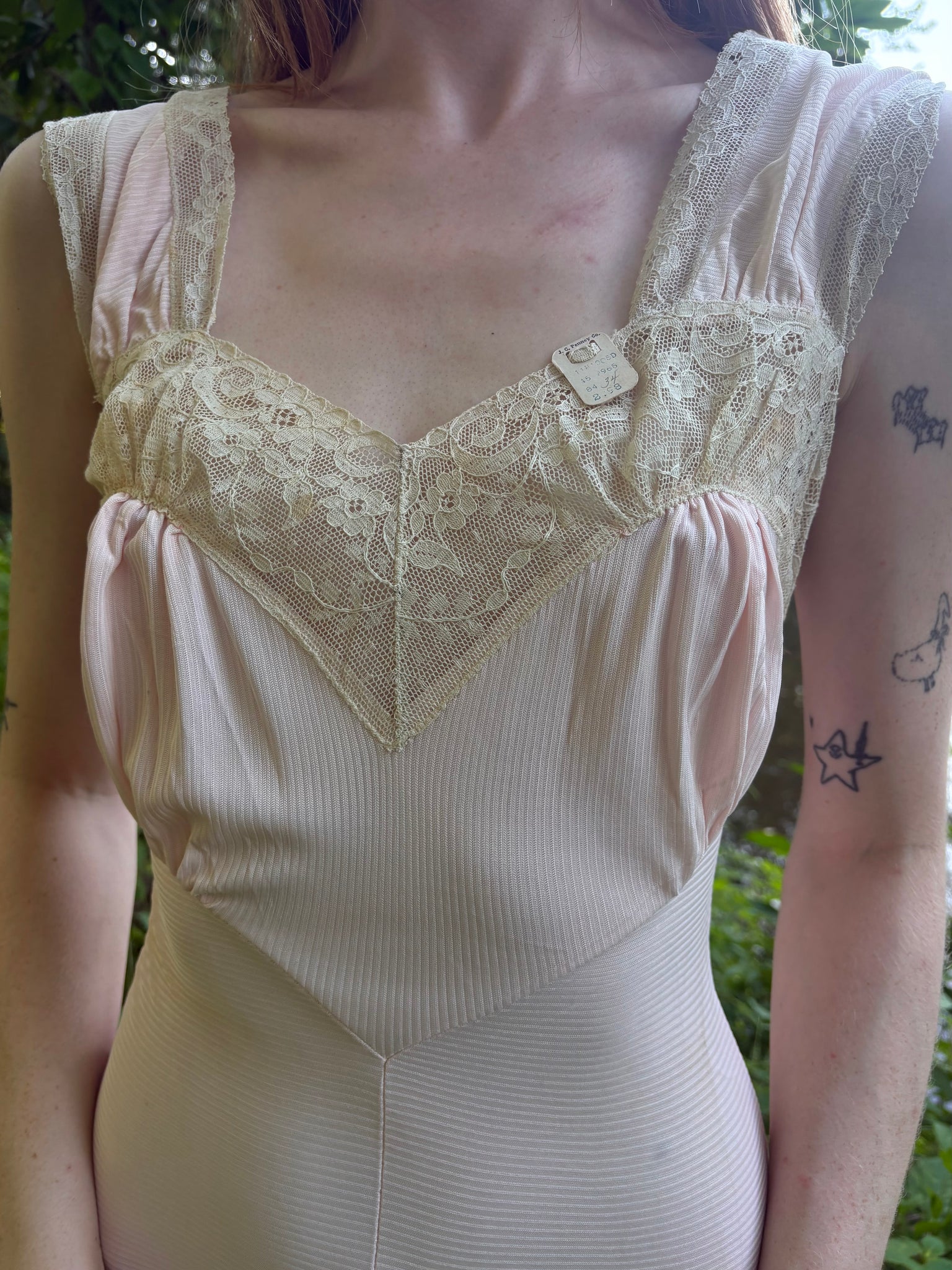 1940s Light Pink Rayon Jersey Bias Cut Slip Dress Cream Lace