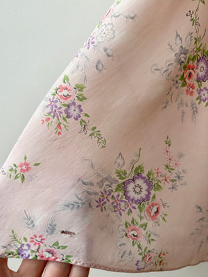1940s Pink Rose Print Floral Bias Cut Slip Rayon Dress Short Sleeve Button