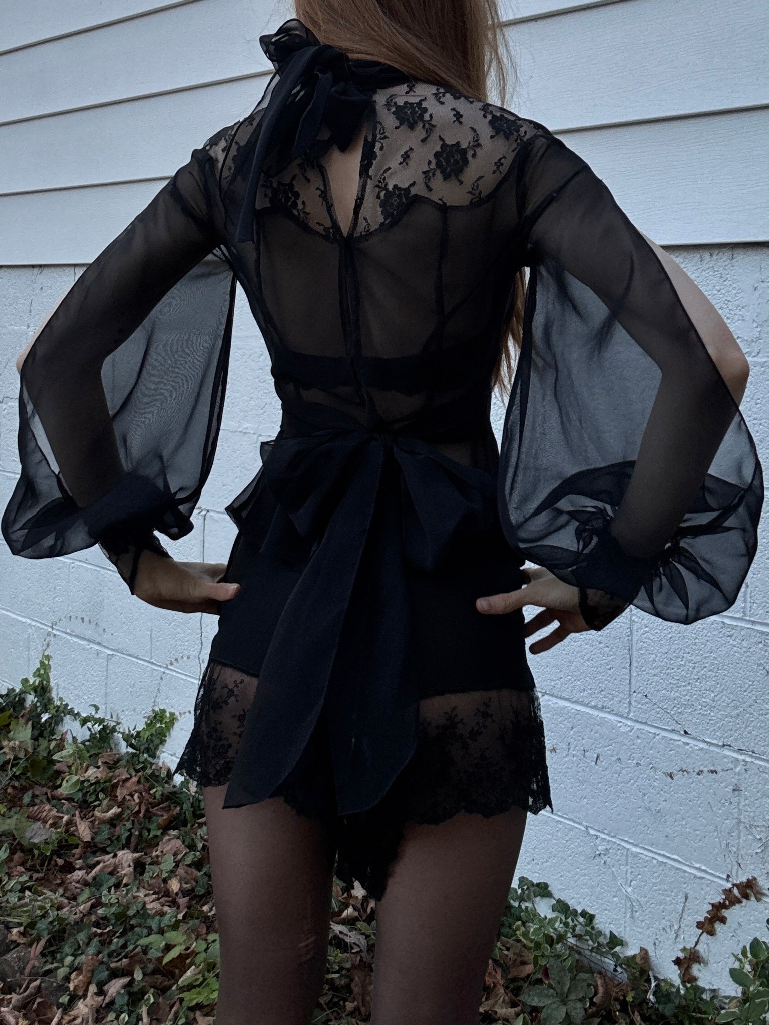 1970s Victorian Style Black Floral Mesh Sheer Lace Long Balloon Sleeve Blouse