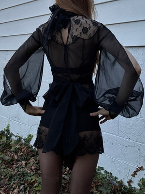 1970s Victorian Style Black Floral Mesh Sheer Lace Long Balloon Sleeve Blouse