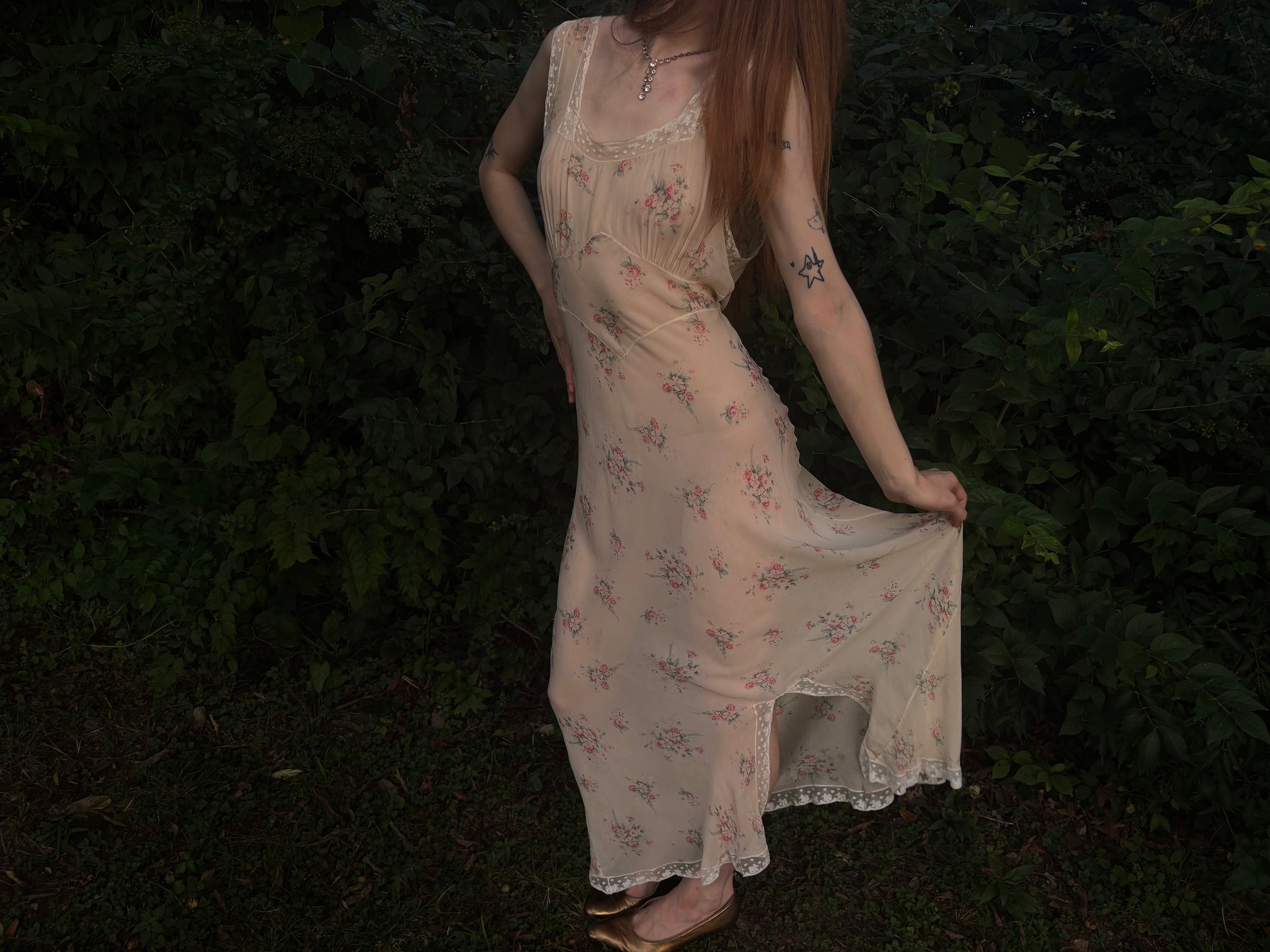1930s Silk Chiffon Floral Print Cream Lace Bias Cut Slip Dress