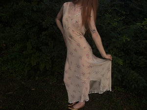 1930s Silk Chiffon Floral Print Cream Lace Bias Cut Slip Dress