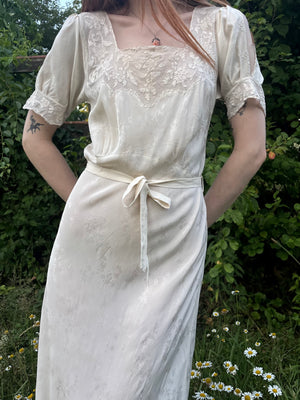 1940s Silk Brocade White Bias Cut Slip Dress Net Mesh Appliqué Lace Wedding Gown Open Sleeves
