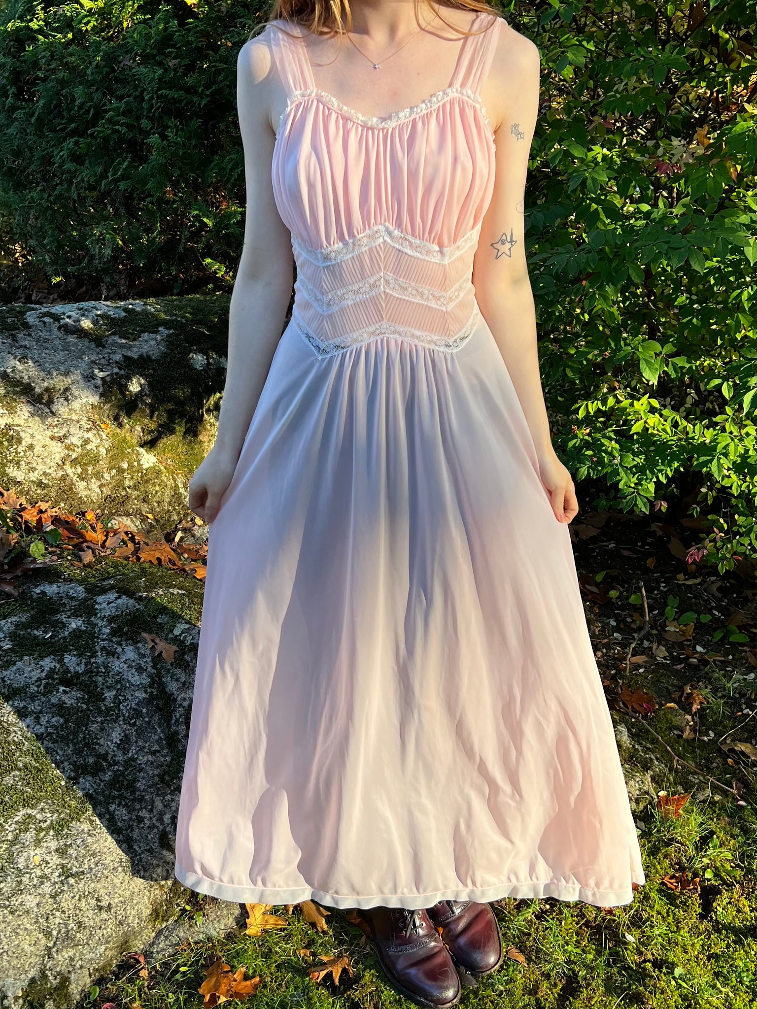 1940s Pink Nylon Sheer Lace Ruched Stomach Slip Dress
