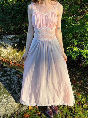1940s Pink Nylon Sheer Lace Ruched Stomach Slip Dress