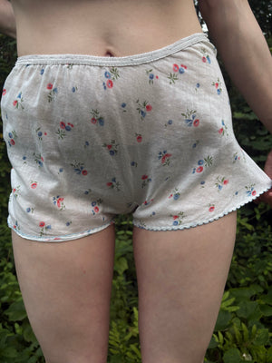 1940s Cotton Floral Print White Blue Tap Shorts Lace