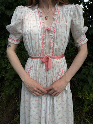 1930s White Cotton Floral Bias Cut Slip Dress Peignoir Set Puff Sleeves Pink Ribbon Rose Floral