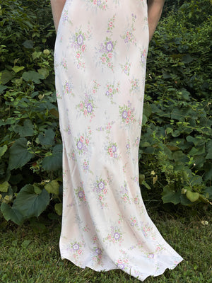 1940s Pink Rose Print Floral Bias Cut Slip Rayon Dress Short Sleeve Button